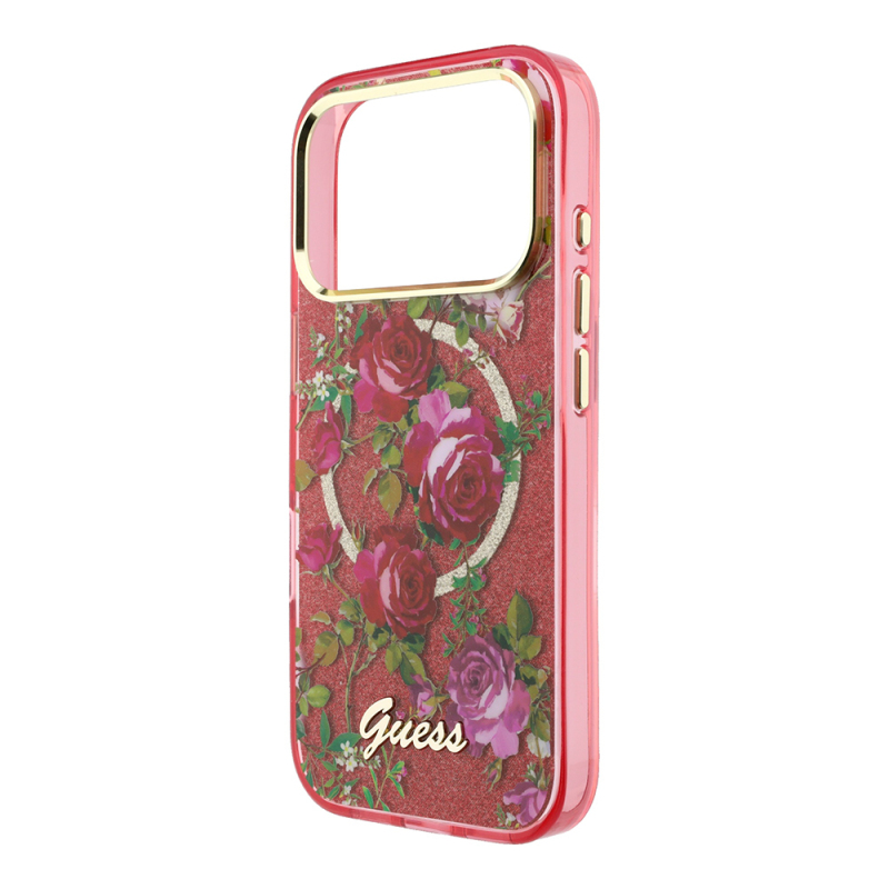 Apple iPhone 18 Pro Max Kılıf Guess Orjinal Lisanslı M-safe Şarj Özellikli Gül Desenli Simli Yazı Logolu Kapak - 14