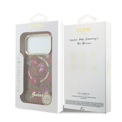Apple iPhone 18 Pro Max Kılıf Guess Orjinal Lisanslı M-safe Şarj Özellikli Gül Desenli Simli Yazı Logolu Kapak - 16