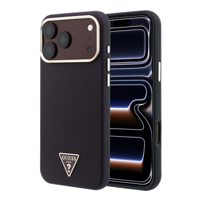 Apple iPhone 18 Pro Max Kılıf Guess Orjinal Lisanslı M-safe Şarj Özellikli PU Metal Üçgen Logolu Karbon Fiber Kevlar Kapak - 1