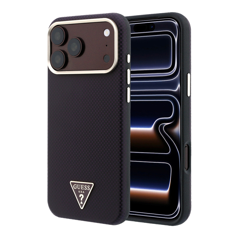 Apple iPhone 18 Pro Max Kılıf Guess Orjinal Lisanslı M-safe Şarj Özellikli PU Metal Üçgen Logolu Karbon Fiber Kevlar Kapak - 1