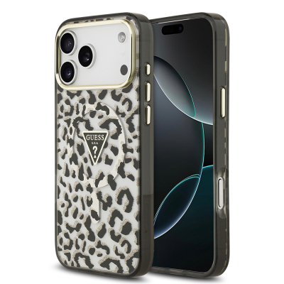 Apple iPhone 18 Pro Max Kılıf Guess Orjinal Lisanslı M-safe Şarj Özellikli Üçgen Logolu Simli Leopar Desenli Kapak - 3