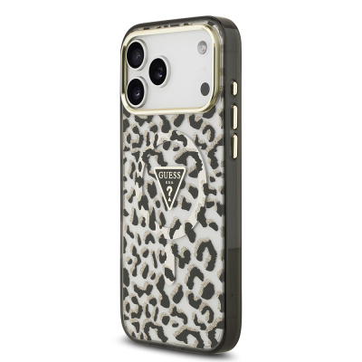 Apple iPhone 18 Pro Max Kılıf Guess Orjinal Lisanslı M-safe Şarj Özellikli Üçgen Logolu Simli Leopar Desenli Kapak - 5