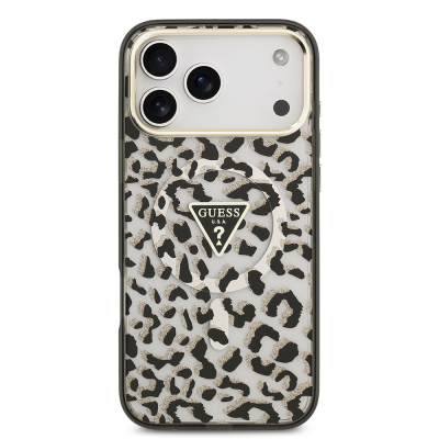 Apple iPhone 18 Pro Max Kılıf Guess Orjinal Lisanslı M-safe Şarj Özellikli Üçgen Logolu Simli Leopar Desenli Kapak - 6