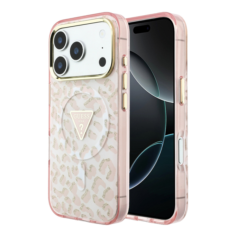 Apple iPhone 18 Pro Max Kılıf Guess Orjinal Lisanslı M-safe Şarj Özellikli Üçgen Logolu Simli Leopar Desenli Kapak - 4