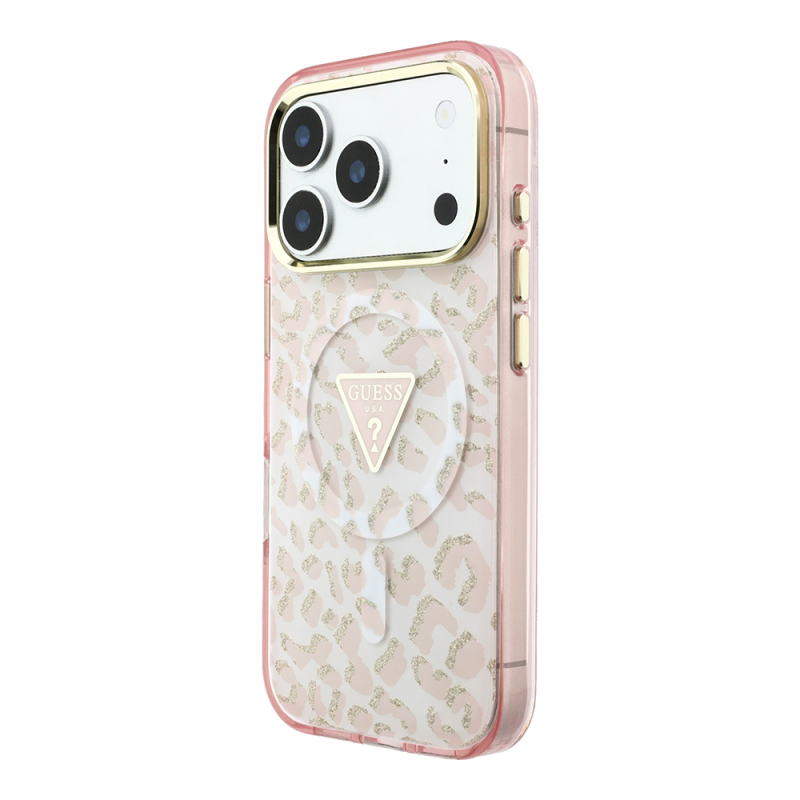 Apple iPhone 18 Pro Max Kılıf Guess Orjinal Lisanslı M-safe Şarj Özellikli Üçgen Logolu Simli Leopar Desenli Kapak - 12