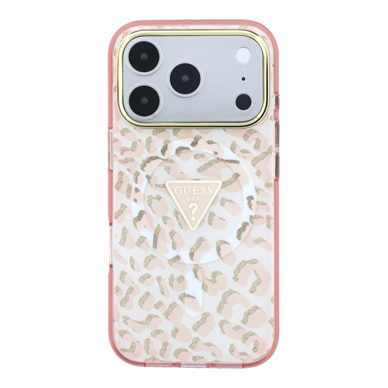 Apple iPhone 18 Pro Max Kılıf Guess Orjinal Lisanslı M-safe Şarj Özellikli Üçgen Logolu Simli Leopar Desenli Kapak - 13
