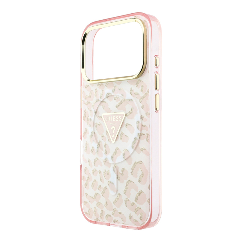 Apple iPhone 18 Pro Max Kılıf Guess Orjinal Lisanslı M-safe Şarj Özellikli Üçgen Logolu Simli Leopar Desenli Kapak - 16