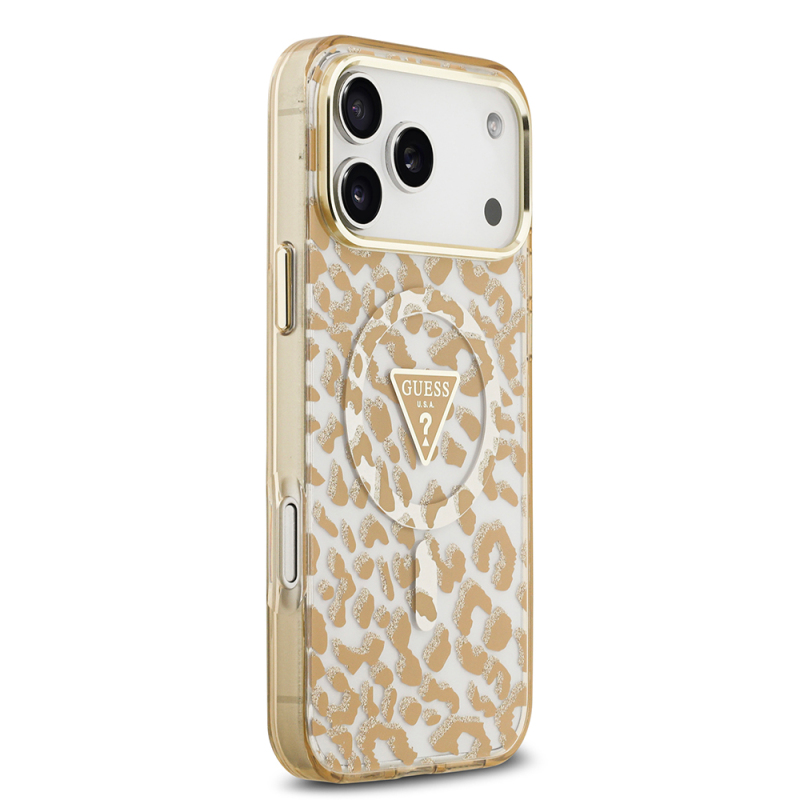 Apple iPhone 18 Pro Max Kılıf Guess Orjinal Lisanslı M-safe Şarj Özellikli Üçgen Logolu Simli Leopar Desenli Kapak - 21