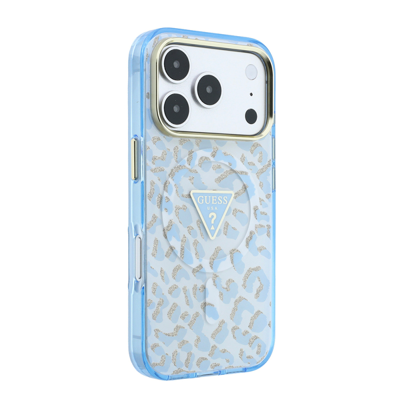 Apple iPhone 18 Pro Max Kılıf Guess Orjinal Lisanslı M-safe Şarj Özellikli Üçgen Logolu Simli Leopar Desenli Kapak - 28
