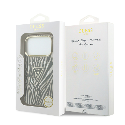 Apple iPhone 18 Pro Max Kılıf Guess Orjinal Lisanslı M-safe Şarj Özellikli Üçgen Logolu Zebra Desenli Silikon Kapak - 16