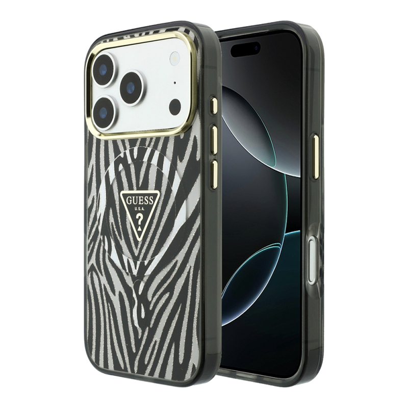 Apple iPhone 18 Pro Max Kılıf Guess Orjinal Lisanslı M-safe Şarj Özellikli Üçgen Logolu Zebra Desenli Silikon Kapak - 2