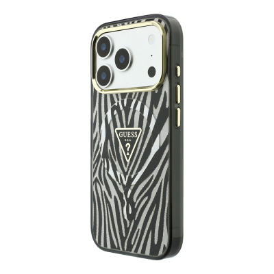 Apple iPhone 18 Pro Max Kılıf Guess Orjinal Lisanslı M-safe Şarj Özellikli Üçgen Logolu Zebra Desenli Silikon Kapak - 9