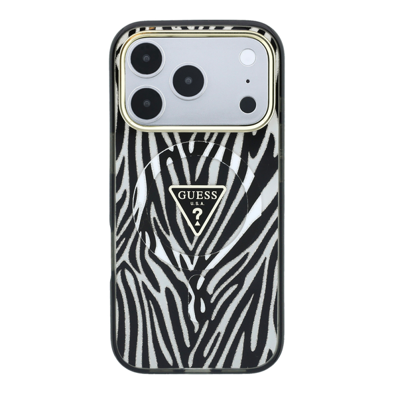 Apple iPhone 18 Pro Max Kılıf Guess Orjinal Lisanslı M-safe Şarj Özellikli Üçgen Logolu Zebra Desenli Silikon Kapak - 10