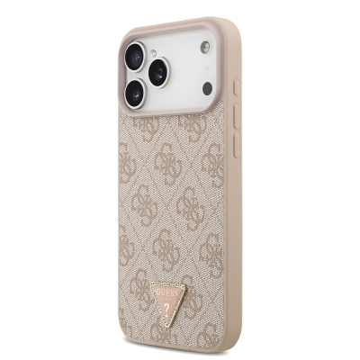 Apple iPhone 18 Pro Max Kılıf Guess Orjinal Lisanslı M-safe Şarj Özllikli PU Deri Taşlı Üçgen Logo 4G Desenli Strass Kapak - 10