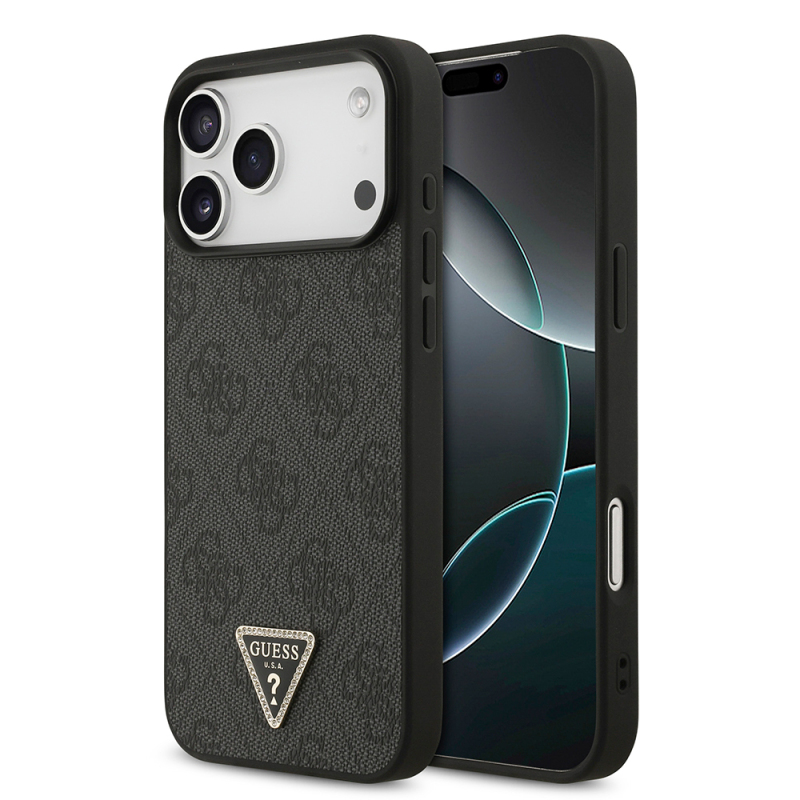 Apple iPhone 18 Pro Max Kılıf Guess Orjinal Lisanslı PU Deri Taşlı Üçgen Logo 4G Desenli Strass Kapak - 1