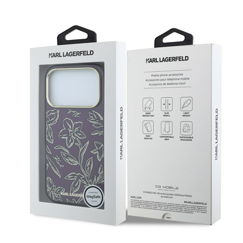Apple iPhone 18 Pro Max Kılıf Karl Lagerfeld Orjinal Lisanslı M-safe Şarj Özellikli Gold Metal Kamera Çerçeveli Çiçek Tasarımlı Kapak - 8