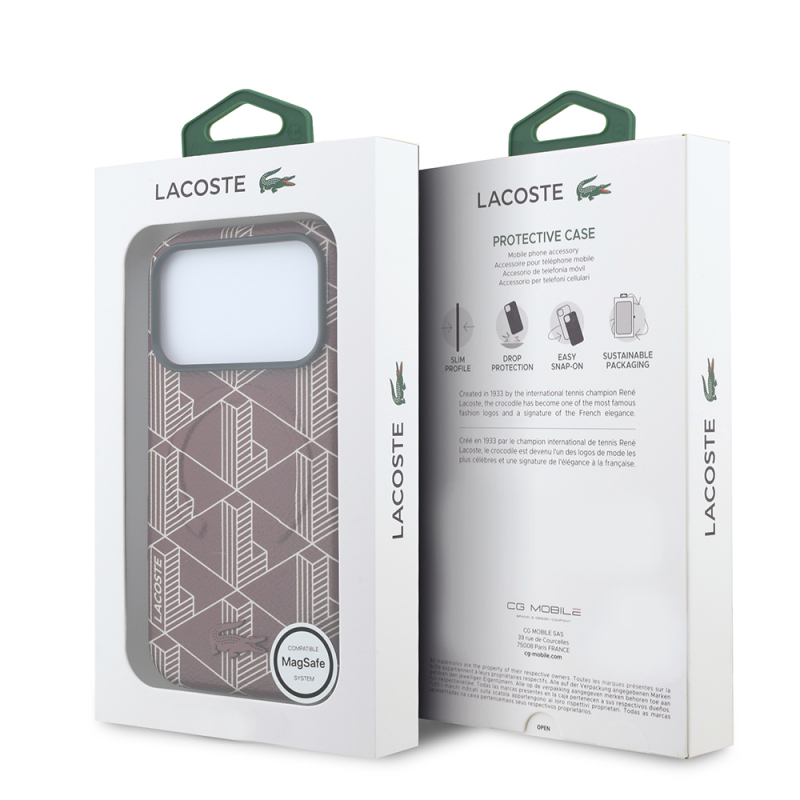 Apple iPhone 18 Pro Max Kılıf Lacoste Orjinal Lisanslı M-safe Şarj Özellikli Metal Logolu Deri Karışık Monogram Desenli Kapak - 18
