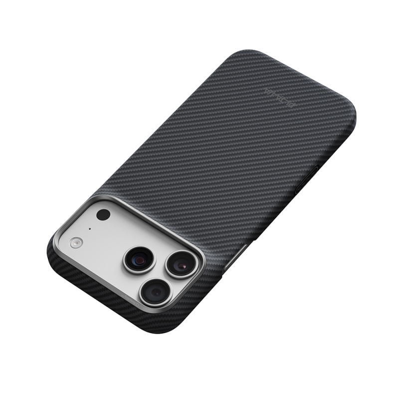 Apple iPhone 18 Pro Max Kılıf M-safe Şarj Özellikli 1500D Aramid Karbon Fiber Pitaka Ultra-Slim Classic Serisi Black-Grey Twill Kapak - 6