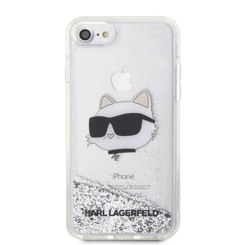 Apple iPhone SE 2022 Kılıf Karl Lagerfeld Sıvılı Simli Choupette Head Dizayn Kapak - 5