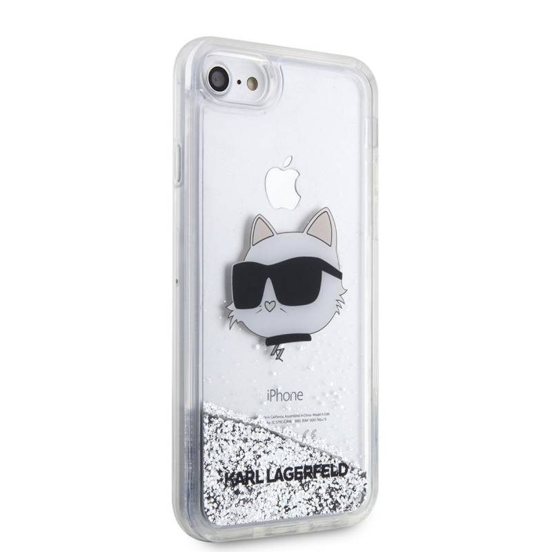 Apple iPhone SE 2022 Kılıf Karl Lagerfeld Sıvılı Simli Choupette Head Dizayn Kapak - 8