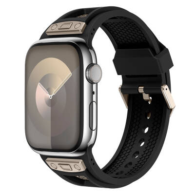 Apple Watch 42mm Zore KRD-117 Hava Alabilen Delikli Metal Süslemeli Desenli Silikon Kordon - 4