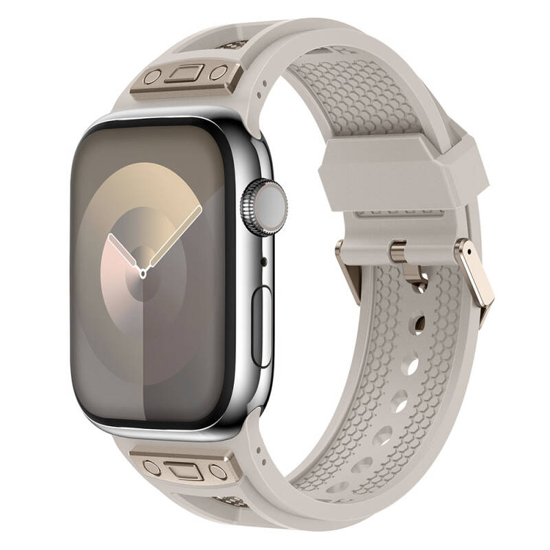 Apple Watch 42mm Zore KRD-117 Hava Alabilen Delikli Metal Süslemeli Desenli Silikon Kordon - 2