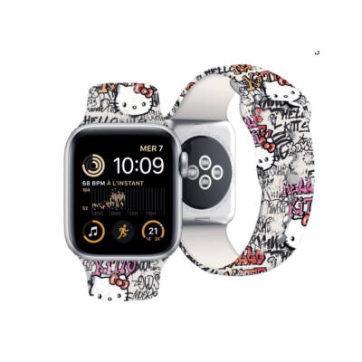 Apple Watch 7 41mm Hello Kitty Orjinal Lisanslı Etiket Graffiti Silikon Kordon - 2