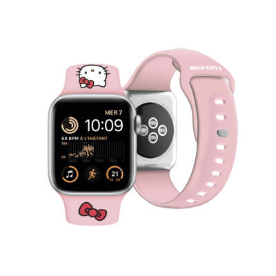 Apple Watch 7 41mm Hello Kitty Orjinal Lisanslı Yazı Logolu Fiyonk & Kitty Head Silikon Kordon - 6