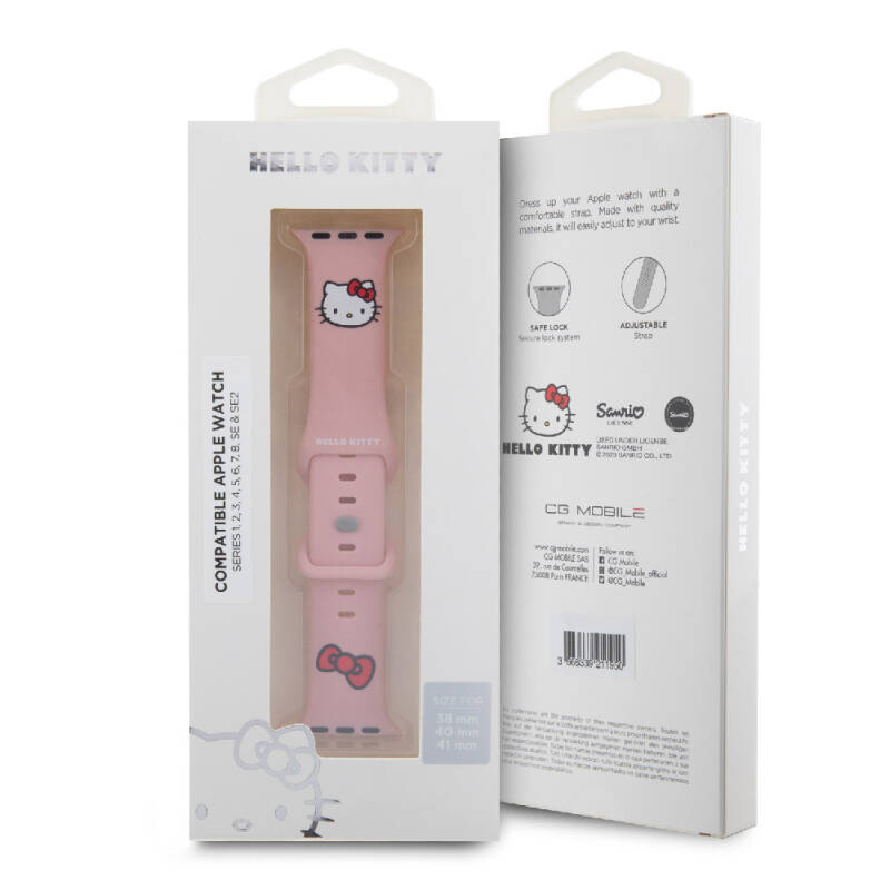 Apple Watch 7 41mm Hello Kitty Orjinal Lisanslı Yazı Logolu Fiyonk & Kitty Head Silikon Kordon - 10