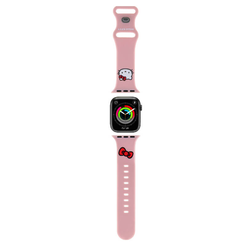 Apple Watch 7 41mm Hello Kitty Orjinal Lisanslı Yazı Logolu Fiyonk & Kitty Head Silikon Kordon - 7
