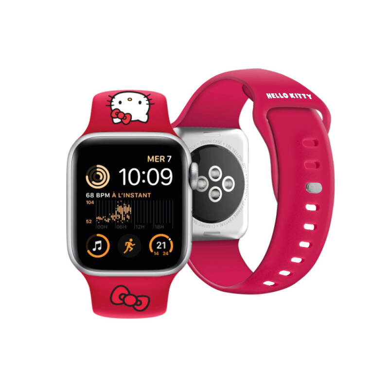 Apple Watch 7 41mm Hello Kitty Orjinal Lisanslı Yazı Logolu Fiyonk & Kitty Head Silikon Kordon - 1