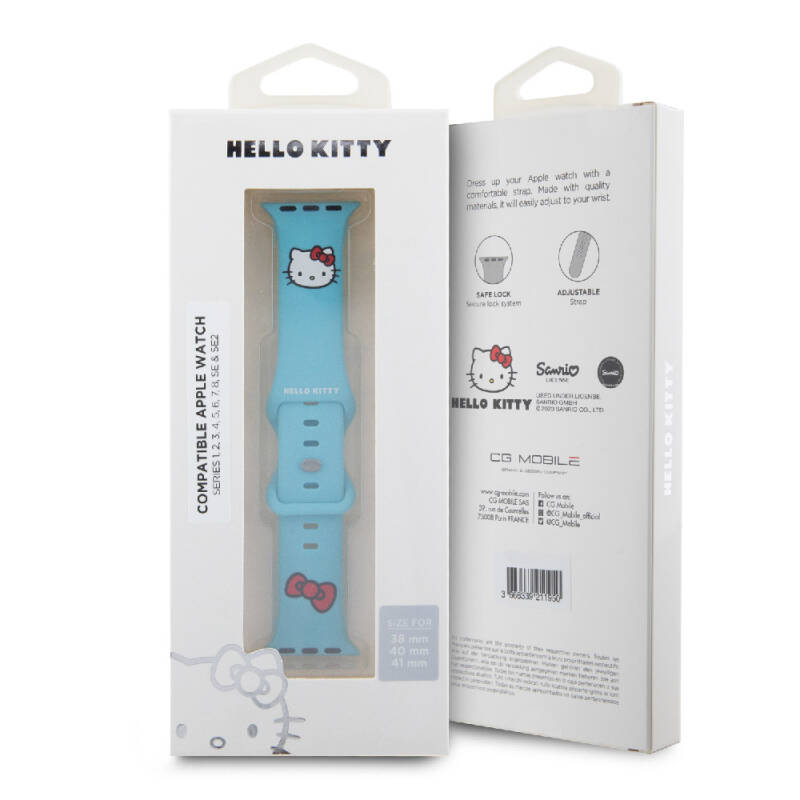 Apple Watch 7 41mm Hello Kitty Orjinal Lisanslı Yazı Logolu Fiyonk & Kitty Head Silikon Kordon - 15