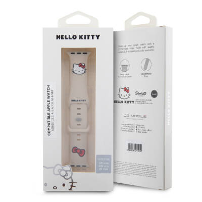 Apple Watch 7 41mm Hello Kitty Orjinal Lisanslı Yazı Logolu Fiyonk & Kitty Head Silikon Kordon - 20