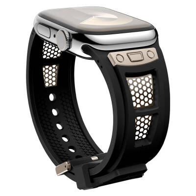 Apple Watch 7 45mm Zore KRD-117 Breathable Perforated Metal Decorated Patterned Silicone Band - 9