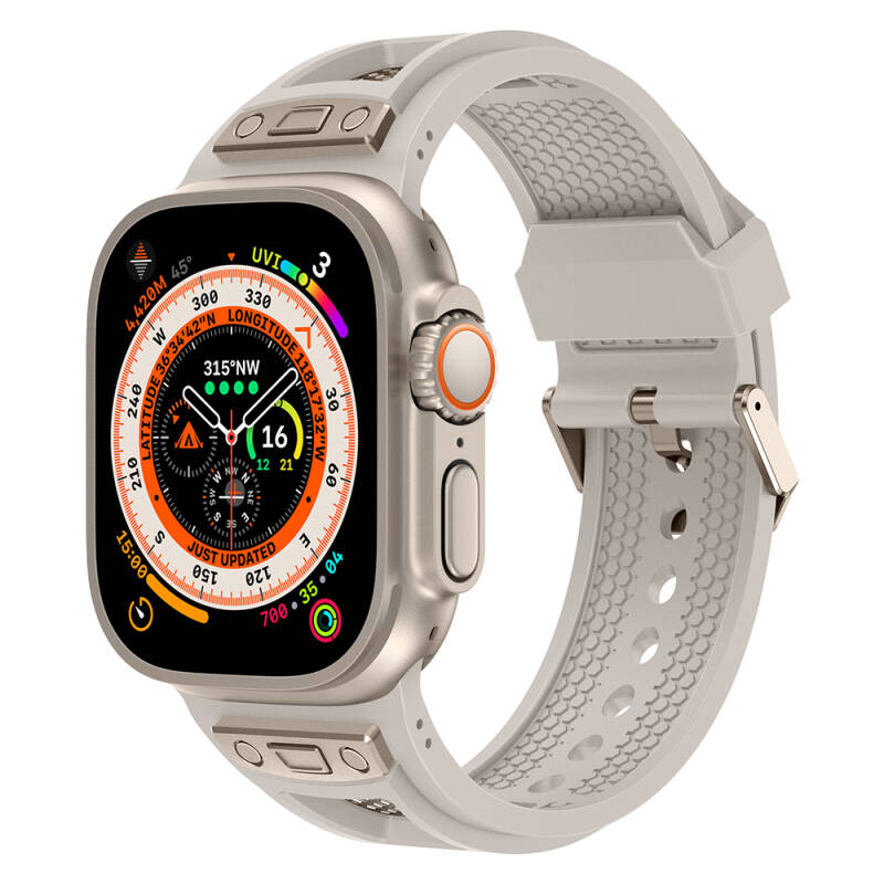 Apple Watch Ultra 49mm Zore KRD-117 Breathable Perforated Metal Decorated Patterned Silicone Band - 5