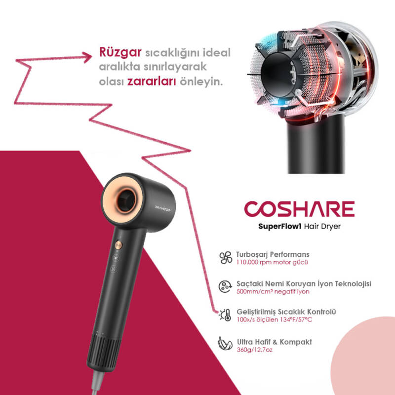 Coshare HD10E SuperFlow1 İyon Teknolojili Isı Dereceli Led Işıklı Saç Kurutma Fön Makinesi - 19