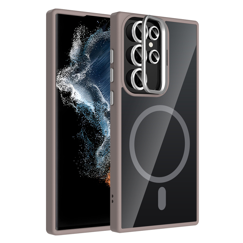 Galaxy S23 Ultra Kılıf Standlı ve Kamera Lens Hediyeli M-Safe Şarj Özellikli Zore Etro Kapak - 3