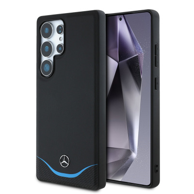 Galaxy S25 Ultra Kılıf Mercedes Benz Orjinal Lisanslı M-safe Şarj Özellikli 3D Metal Logolu Mavi Yatay Eğri Çizgili Deri Kapak - 8