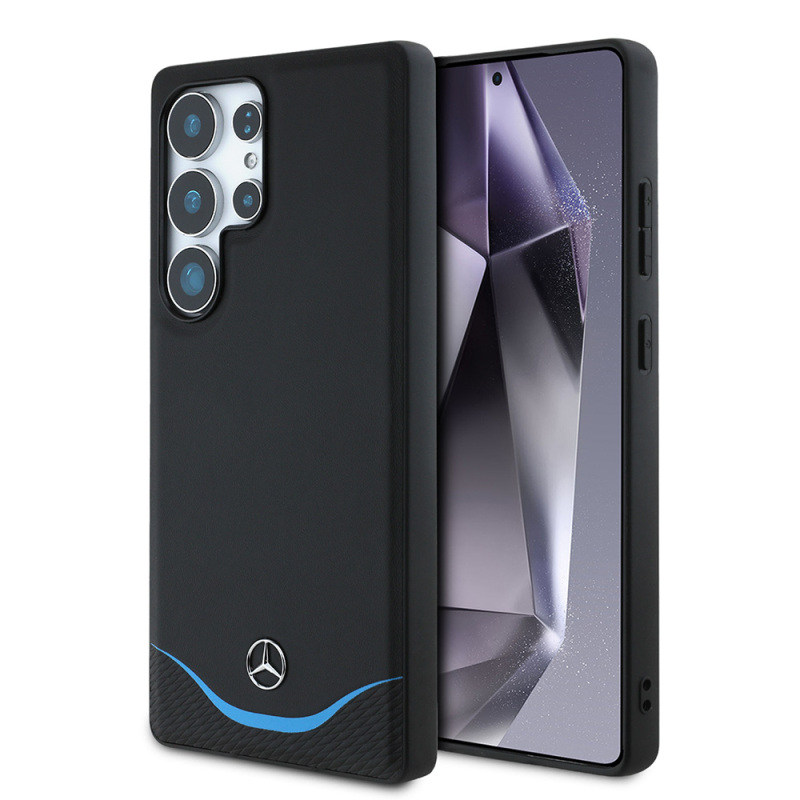 Galaxy S25 Ultra Kılıf Mercedes Benz Orjinal Lisanslı M-safe Şarj Özellikli 3D Metal Logolu Mavi Yatay Eğri Çizgili Deri Kapak - 8