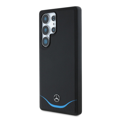 Galaxy S25 Ultra Kılıf Mercedes Benz Orjinal Lisanslı M-safe Şarj Özellikli 3D Metal Logolu Mavi Yatay Eğri Çizgili Deri Kapak - 3