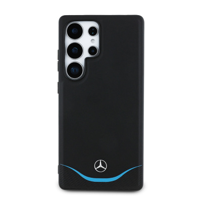 Galaxy S25 Ultra Kılıf Mercedes Benz Orjinal Lisanslı M-safe Şarj Özellikli 3D Metal Logolu Mavi Yatay Eğri Çizgili Deri Kapak - 1