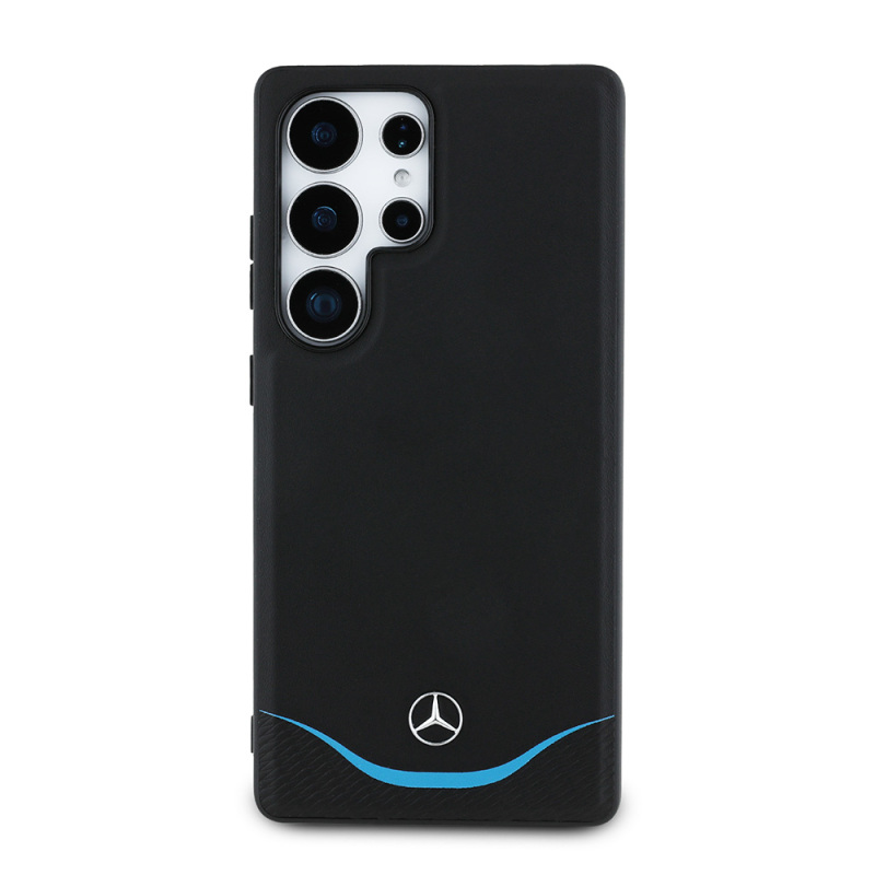 Galaxy S25 Ultra Kılıf Mercedes Benz Orjinal Lisanslı M-safe Şarj Özellikli 3D Metal Logolu Mavi Yatay Eğri Çizgili Deri Kapak - 1