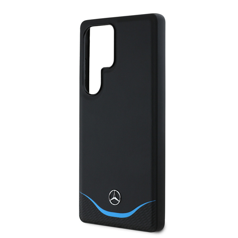 Galaxy S25 Ultra Kılıf Mercedes Benz Orjinal Lisanslı M-safe Şarj Özellikli 3D Metal Logolu Mavi Yatay Eğri Çizgili Deri Kapak - 5