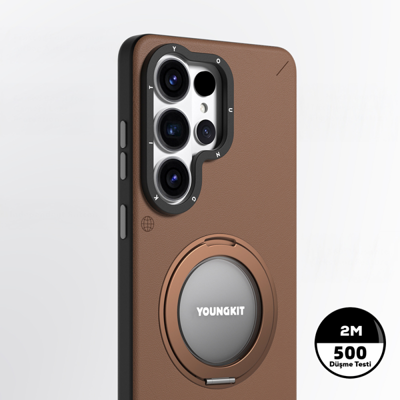 Galaxy S26 Ultra Kılıf M-safe Şarj Özellikli 360° Standlı Basit Mat Deri Desenli Youngkit Tech Leather Serisi Kapak - 8