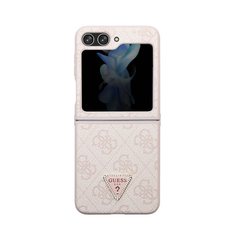 Galaxy Z Flip 5 Case Guess Original Licensed PU Leather Stoned Triangle Logo 4G Patterned Strass Cover - 8