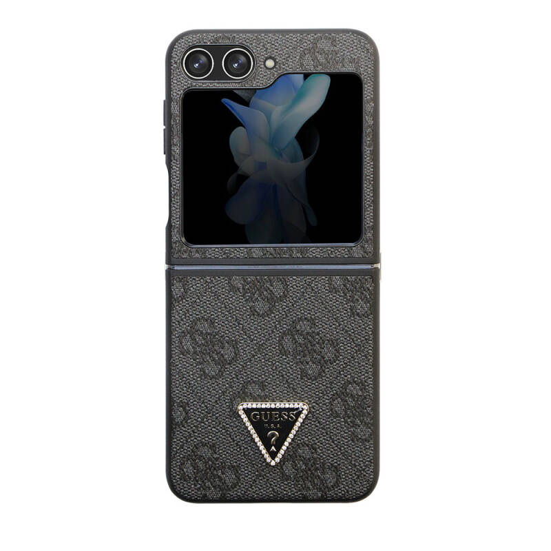 Galaxy Z Flip 5 Case Guess Original Licensed PU Leather Stoned Triangle Logo 4G Patterned Strass Cover - 16