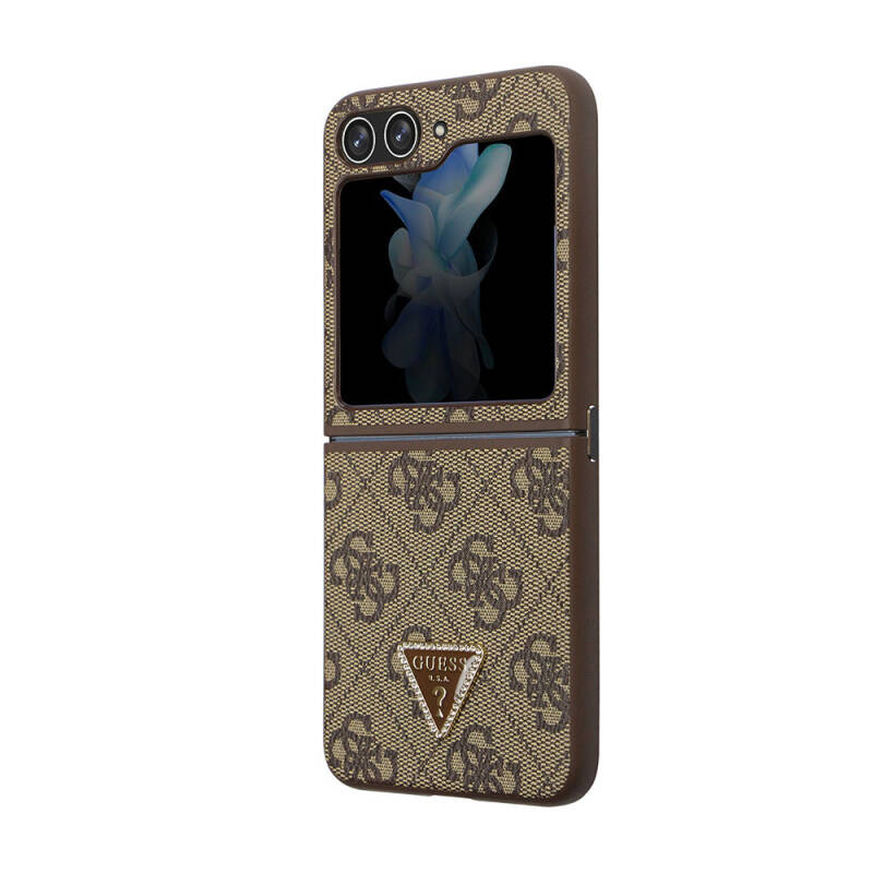 Galaxy Z Flip 5 Case Guess Original Licensed PU Leather Stoned Triangle Logo 4G Patterned Strass Cover - 21