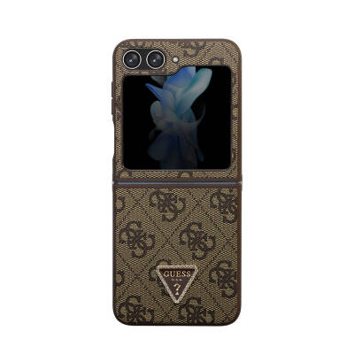 Galaxy Z Flip 5 Case Guess Original Licensed PU Leather Stoned Triangle Logo 4G Patterned Strass Cover - 24