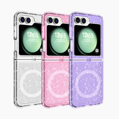 Galaxy Z Flip 6 Case Magsafe Charging Feature Shining Glitter Transparent Colored Zore Allstar Cover - 2