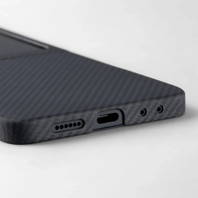 Galaxy Z Flip 7 Kılıf M-safe Şarj Özellikli 600D Aramid Fiber Pitaka Ultra-Slim Classic Serisi Black-Grey Twill Kapak - 5